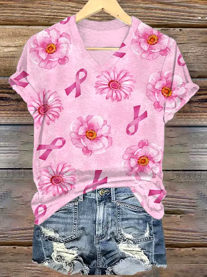 ?Buy 3 get 12% off丨Women's Casual Breast Cancer Cure Print V-Neck Short Sleeve T-Shirt