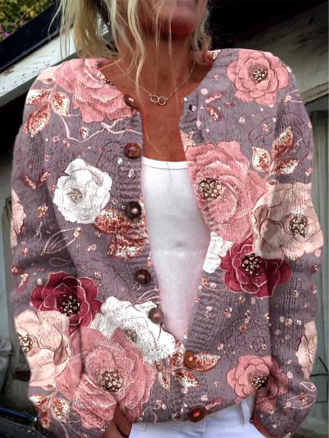 ?Buy 3 get 12% off丨Women's Breast Cancer Flower Print Knitted Cardigan