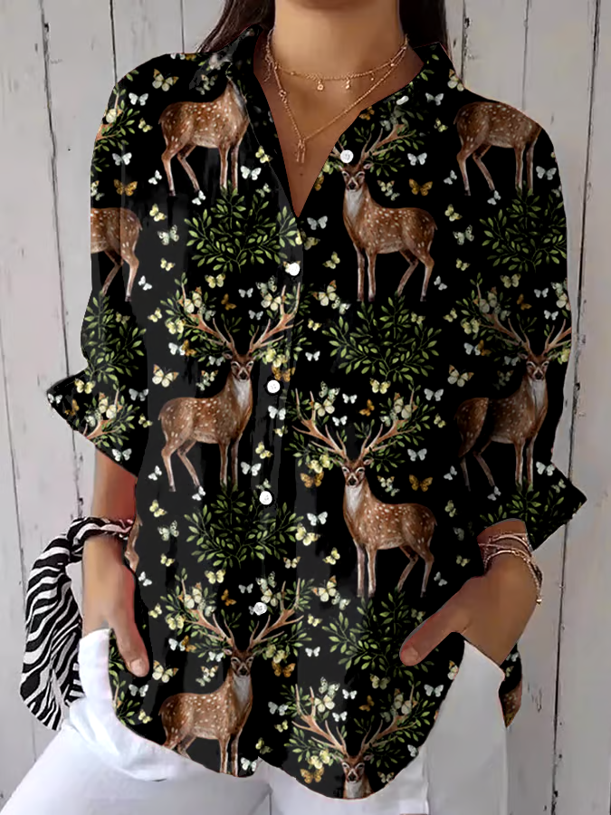?Buy 3 get 12% off丨Women's Casual Retro Forest Animal Print Cotton And Linen Shirt丨?100% natural cotton