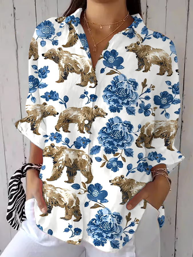 ?Buy 3 get 12% off丨Women's Forest Flowers and Bear Print Casual Lapel Shirt丨?100% natural cotton