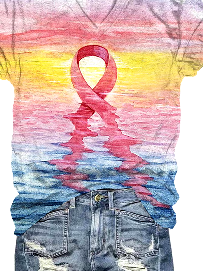 ?Buy 3 get 12% off丨Women's Casual Pink Ribbon Breast Cancer Art Print Short Sleeve T-Shirt