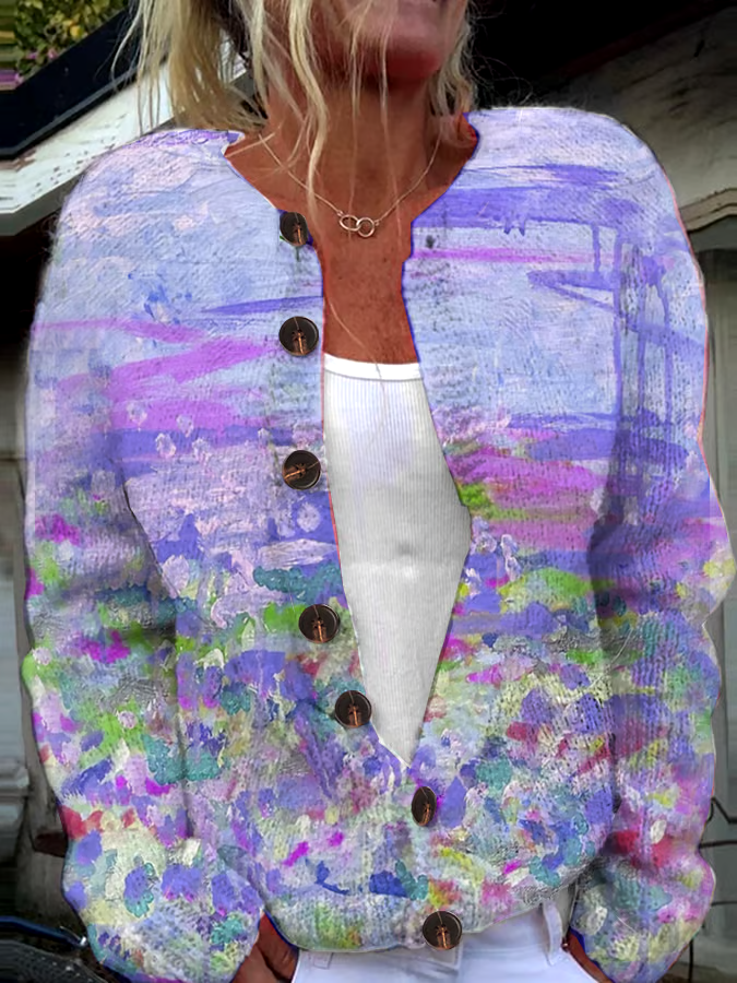 ?Buy 3 get 12% off丨Women's Pink Art Oil Painting Breast Cancer Sweater Knit Cardigan