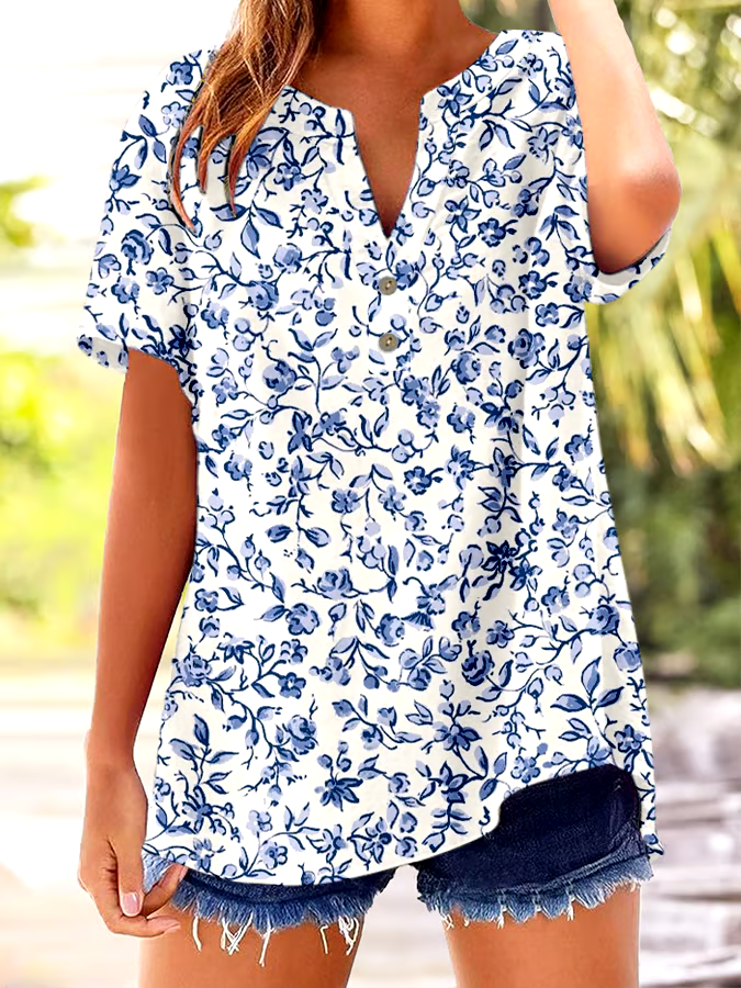 ?Buy 3 get 12% off丨Women's Vintage Botanical Floral Button Design V-Neck Short Sleeve Shirt