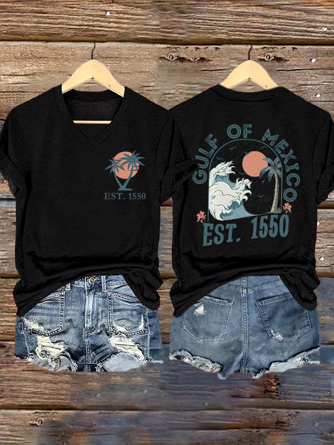 ?Buy 3 get 12% off丨Women's Gulf Of Mexico Printed V Neck T-shirt