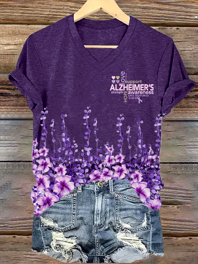 ?Buy 3 get 12% off丨Women's Alzheimer's Disease Awareness Floral Print V-Neck T-Shirt