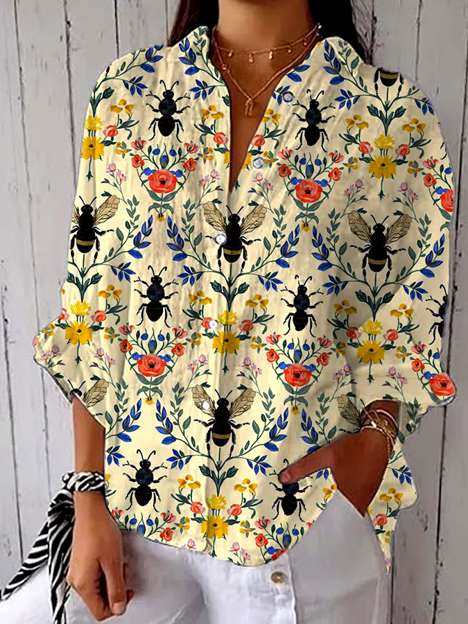 ?Buy 3 get 12% off丨Women's Spring/Summer Floral Bee Print Lapel Shirt丨?100% natural cotton