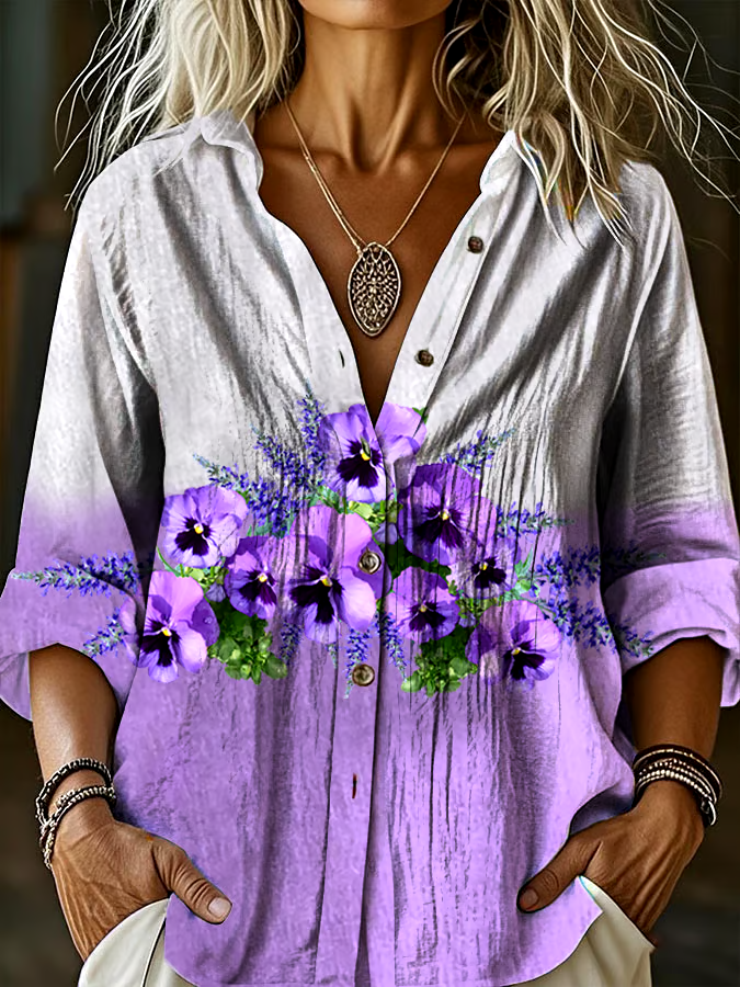 ?Buy 3 get 12% off丨Women's Alzheimer's Awareness Vintage Purple Floral Print Lapel Shirt