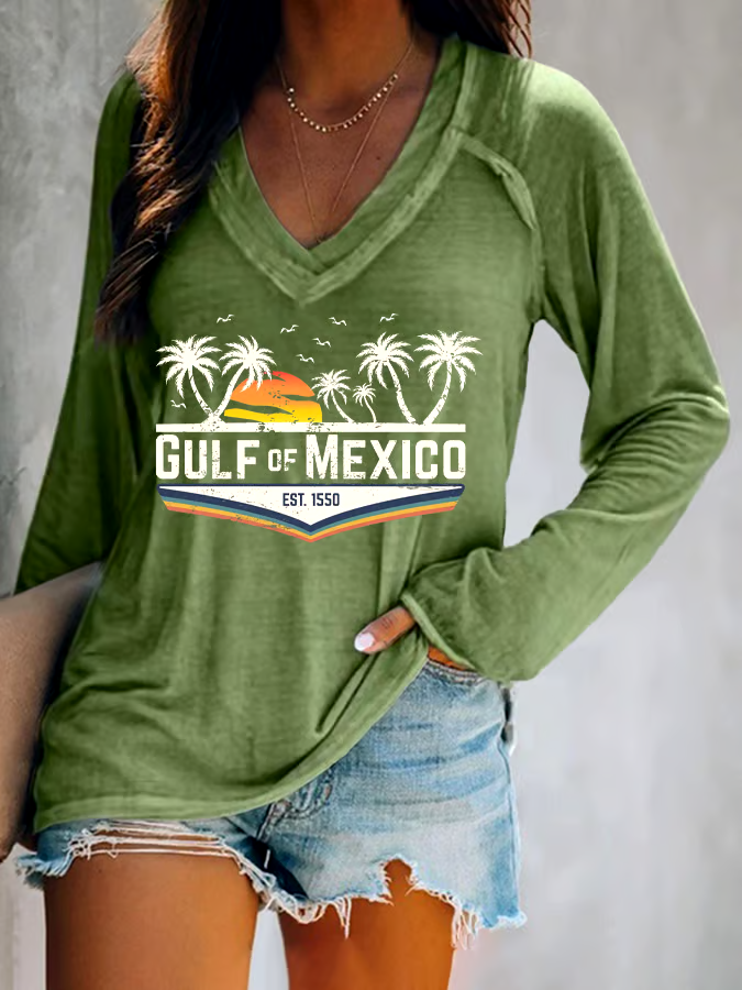 ?Buy 3 get 12% off丨Women's Gulf Of Mexico Print V Neck T-Shirt
