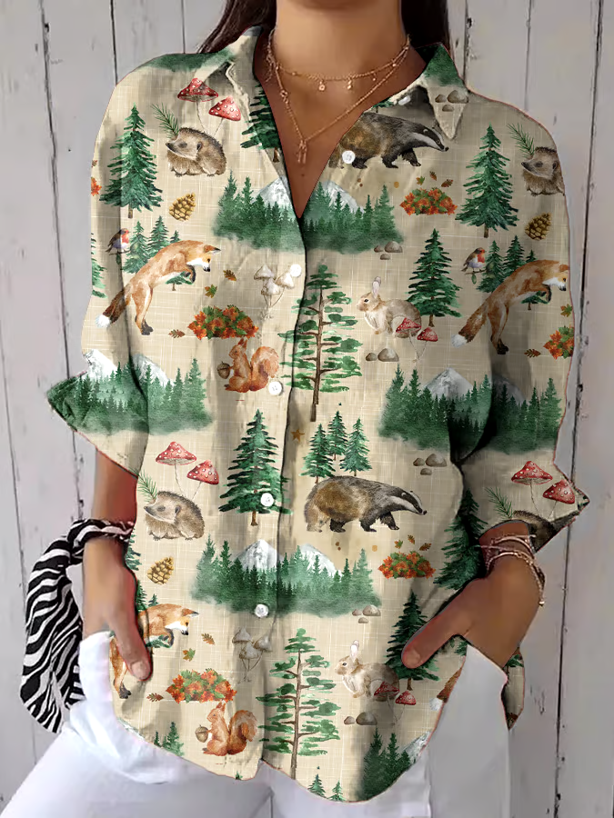 ?Buy 3 get 12% off丨Women's Casual Retro Forest Animal Print Cotton And Linen Shirt丨?100% natural cotton