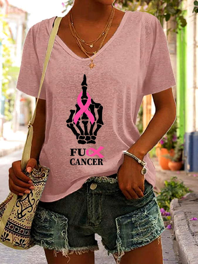 ?Buy 3 get 12% off丨Women's Casual Breast Cancer Graphic Print V-Neck Short Sleeve T-Shirt