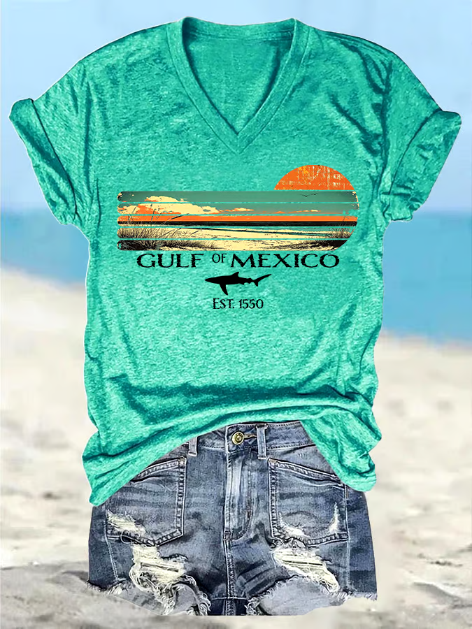 ?Buy 3 get 12% off丨Women's Retro Gulf Of Mexico Print T-Shirt