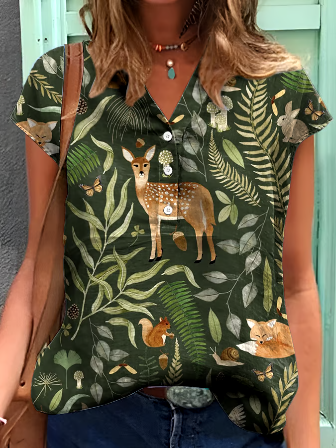 ?Buy 3 get 12% off丨Women's Forest Animals Floral Print Button-Down V-Neck Shirt丨?100% natural cotton
