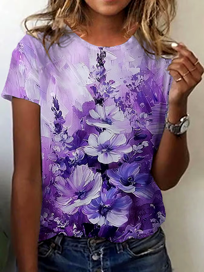 ?Buy 3 get 12% off丨Women's Alzheimer's Awareness Purple Floral Printed Short-sleeved T-shirt