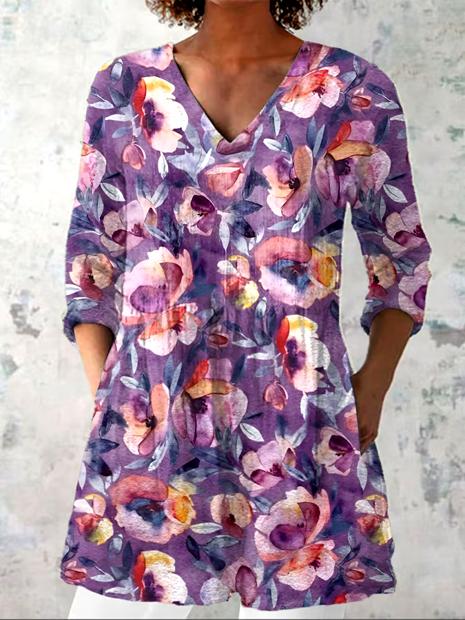 ?Buy 3 get 12% off丨Women's Cotton and Linen Purple Floral Print Shirt Top