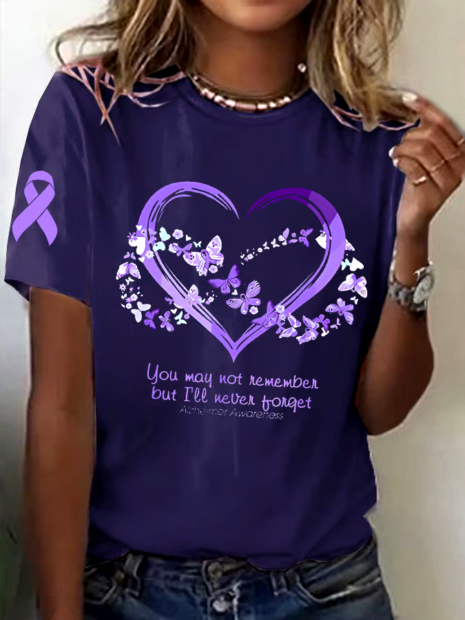 ?Buy 3 get 12% off丨Womens Alzheimer's Awareness Purple Floral Print Casual T-Shirt