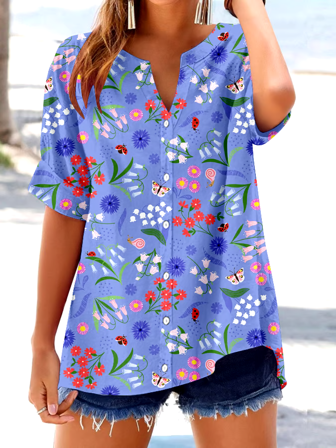 ?Buy 3 get 12% off丨Women's Retro Botanical Floral Button Design V-Neck Three-Quarter Sleeve Shirt