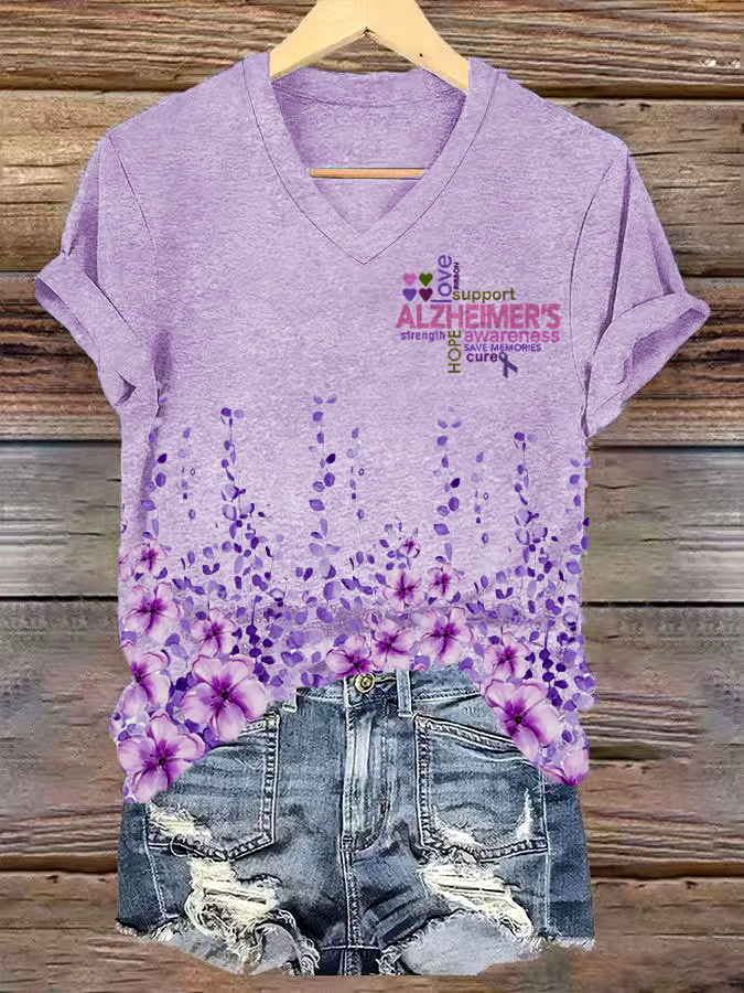 ?Buy 3 get 12% off丨Women's Alzheimer's Disease Awareness Floral Print V-Neck T-Shirt
