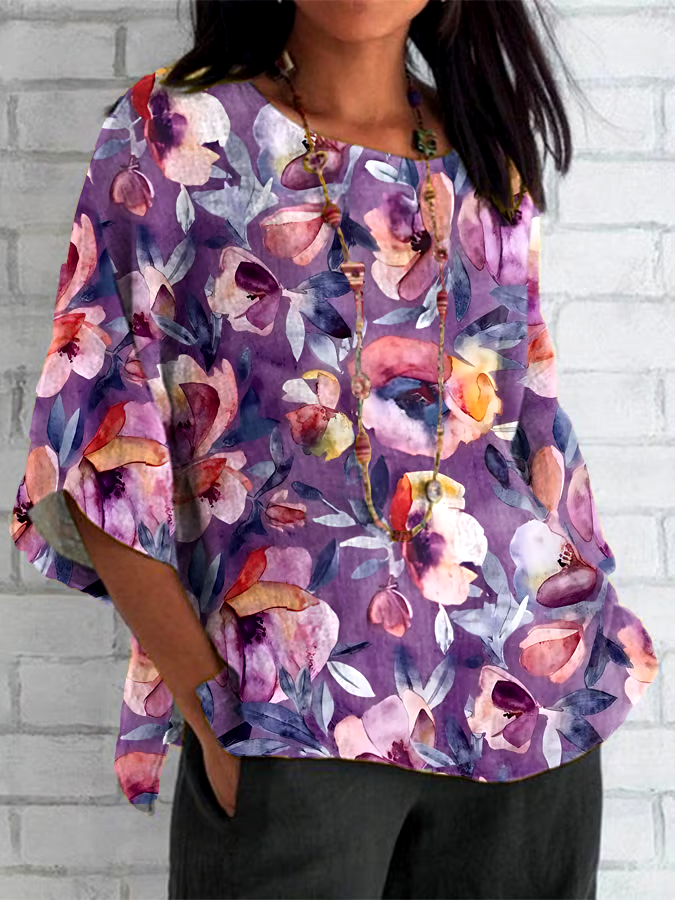 ?Buy 3 get 12% off丨Women's Cotton and Linen Purple Floral Print Shirt Top