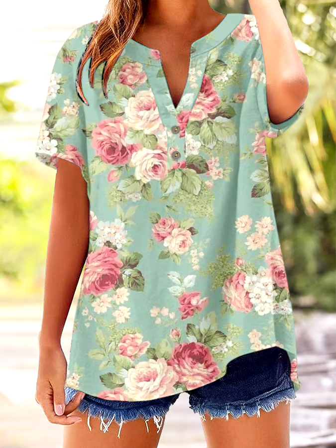 ?Buy 3 get 12% off丨Women's Vintage Botanical Floral Button Design V-Neck Short Sleeve Shirt