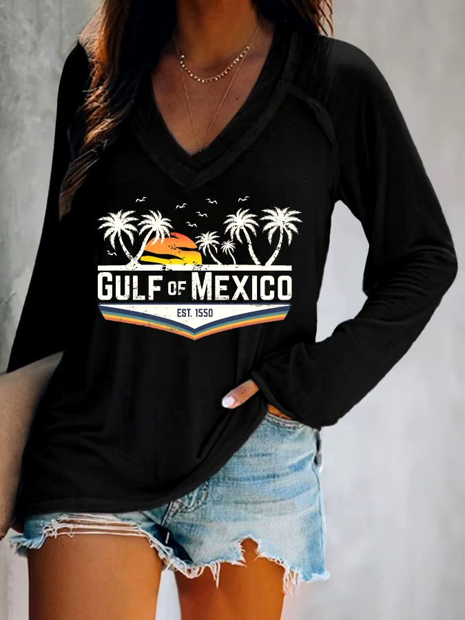 ?Buy 3 get 12% off丨Women's Gulf Of Mexico Print V Neck T-Shirt