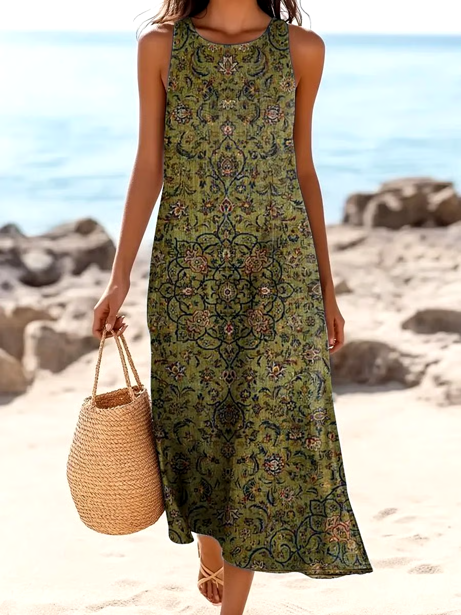 ?Buy 3 get 12% off丨Women's Casual Retro Pattern Printed Cotton And Linen Vest Dress