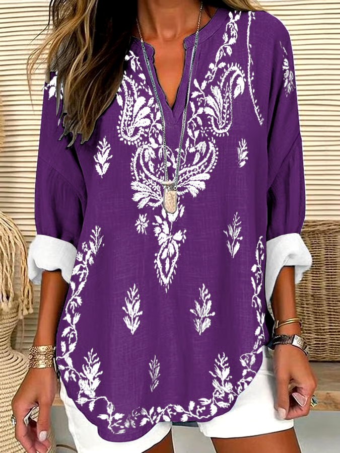 ?Buy 3 get 12% off丨Women's Retro Purple Floral Art Print V-Neck Shirt