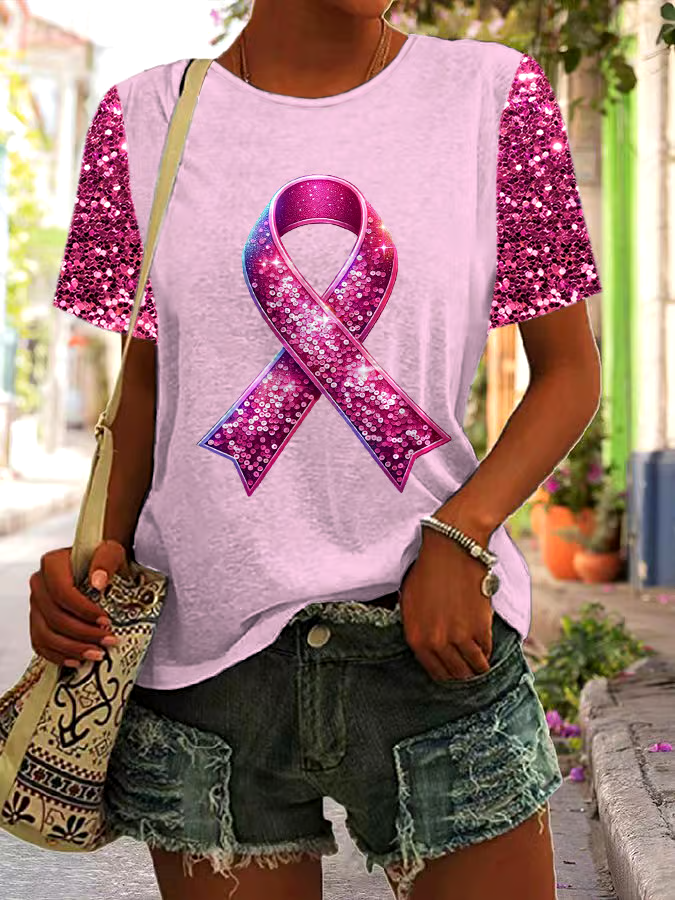 ?Buy 3 get 12% off丨Women's Casual Breast Cancer Healing Ribbon Printed Round Neck Short Sleeve T-Shirt