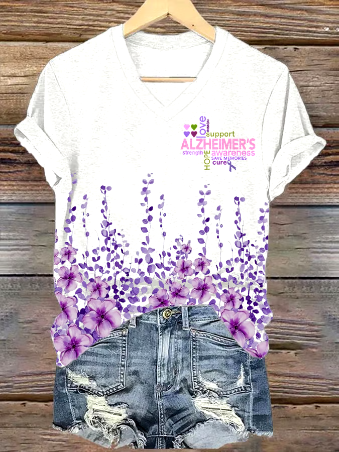 ?Buy 3 get 12% off丨Women's Alzheimer's Disease Awareness Floral Print V-Neck T-Shirt