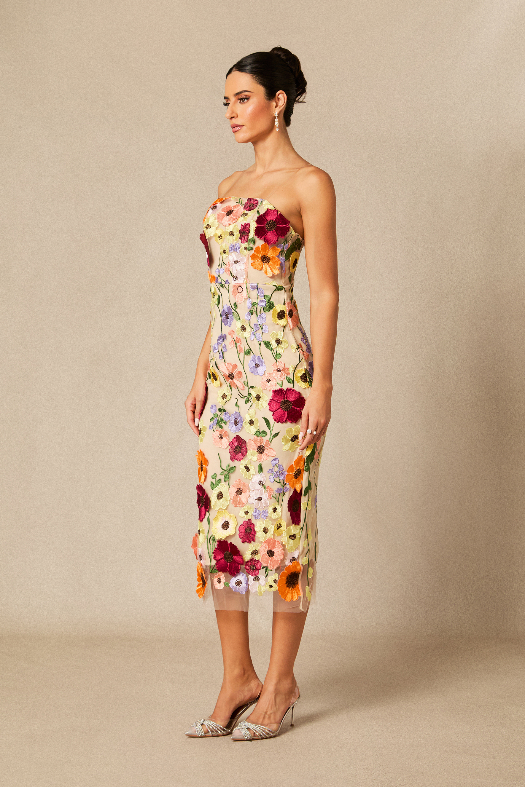 Belle Embroidered Floral Strapless Midi Dress