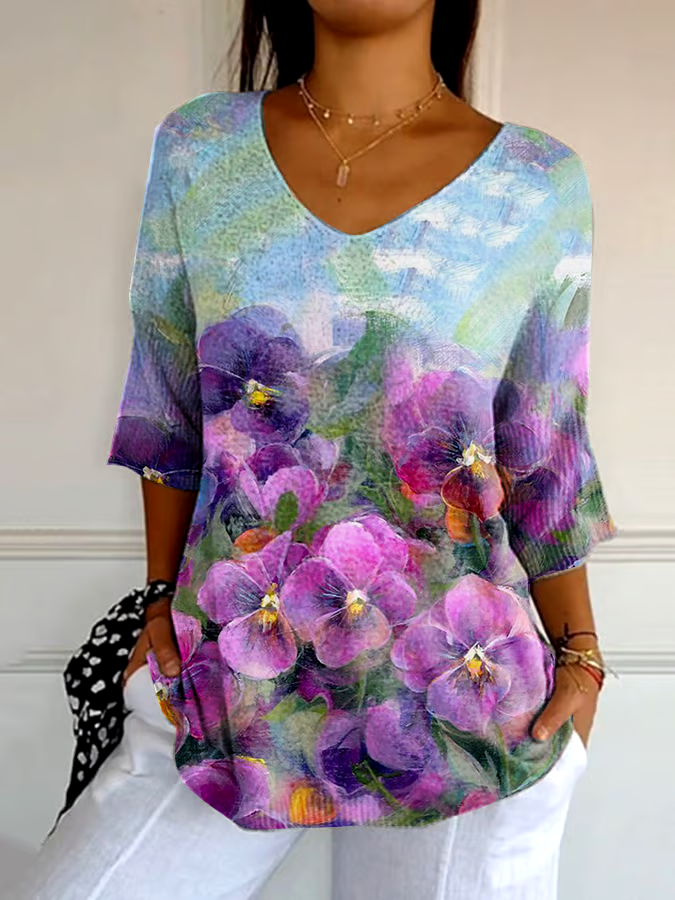 ?Buy 3 get 12% off丨Women's Loose Casual Pansy Floral Knitted Jacquard Top