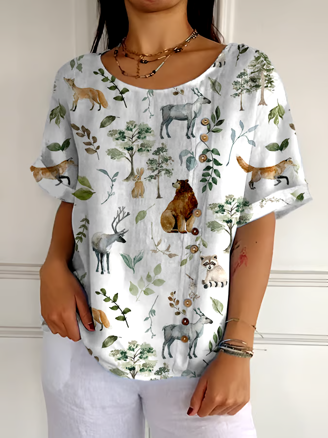 ?Buy 3 get 12% off丨Women's Casual Forest Animal Plant Flower Cotton And Linen Shirt丨?100% natural cotton