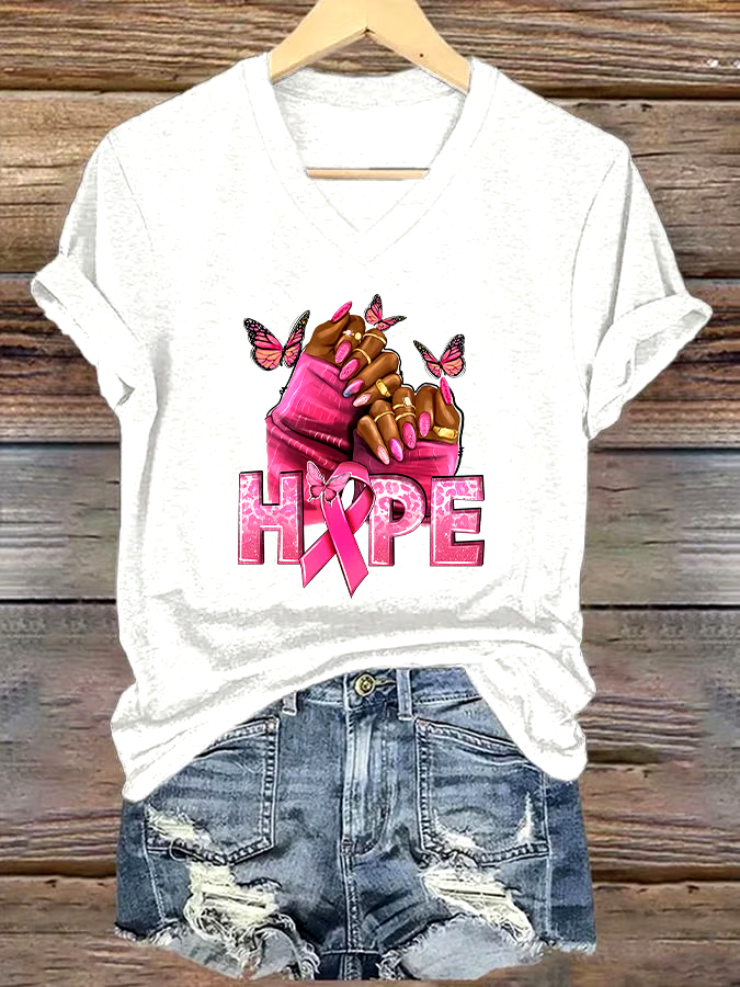 ?Buy 3 get 12% off丨Women's Casual Breast Cancer Cure Graphic Print V-Neck Short Sleeve T-Shirt