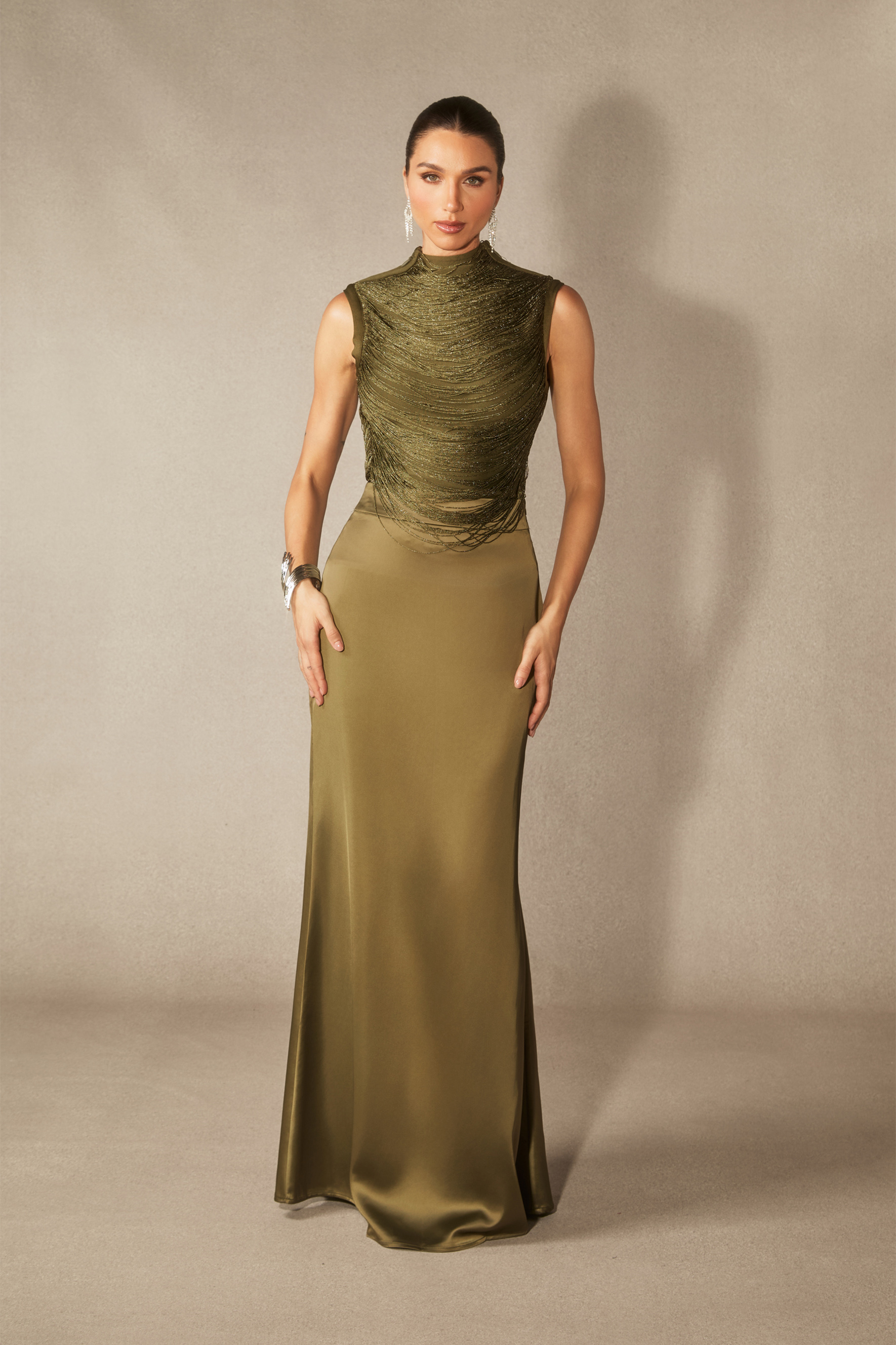 Alisha Sleeveless Beaded Crop Top & Satin Skirt Set
