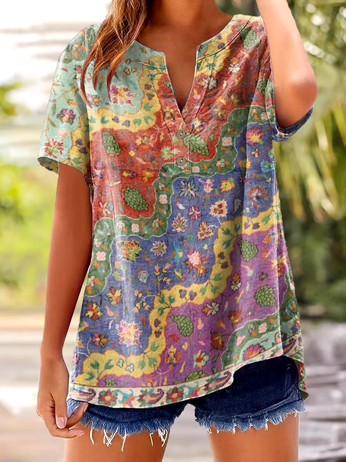 ?Buy 3 get 12% off丨Women's Vintage Floral Print Button Design V Neck Casual Shirt