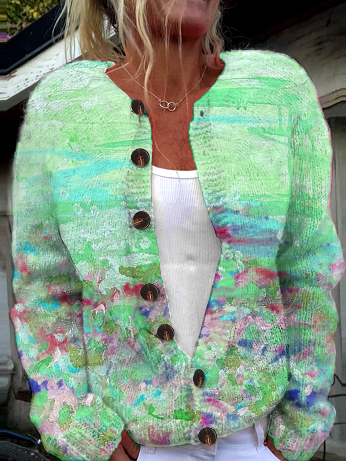 ?Buy 3 get 12% off丨Women's Pink Art Oil Painting Breast Cancer Sweater Knit Cardigan