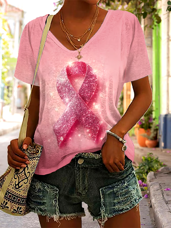 ?Buy 3 get 12% off丨Women's Casual Breast Cancer Cure Graphic Print V-Neck Short Sleeve T-Shirt