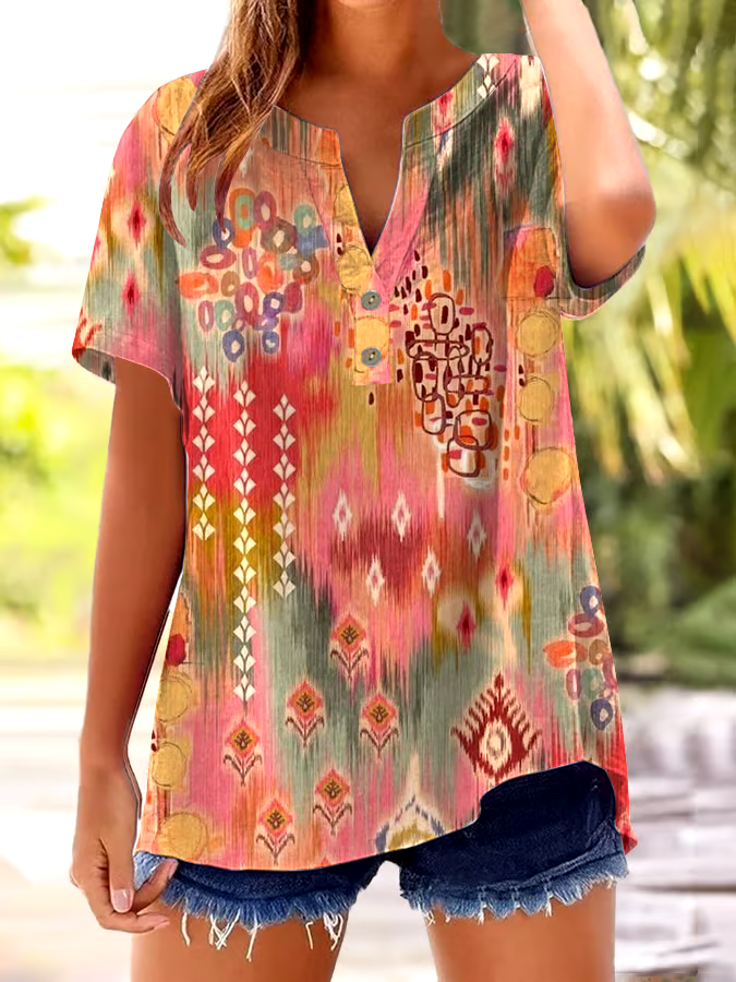 ?Buy 3 get 12% off丨Women's Vintage Floral Print Button Design V Neck Casual Shirt