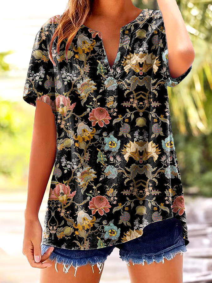 ?Buy 3 get 12% off丨Women's Vintage Botanical Floral Button Design V-Neck Short Sleeve Shirt