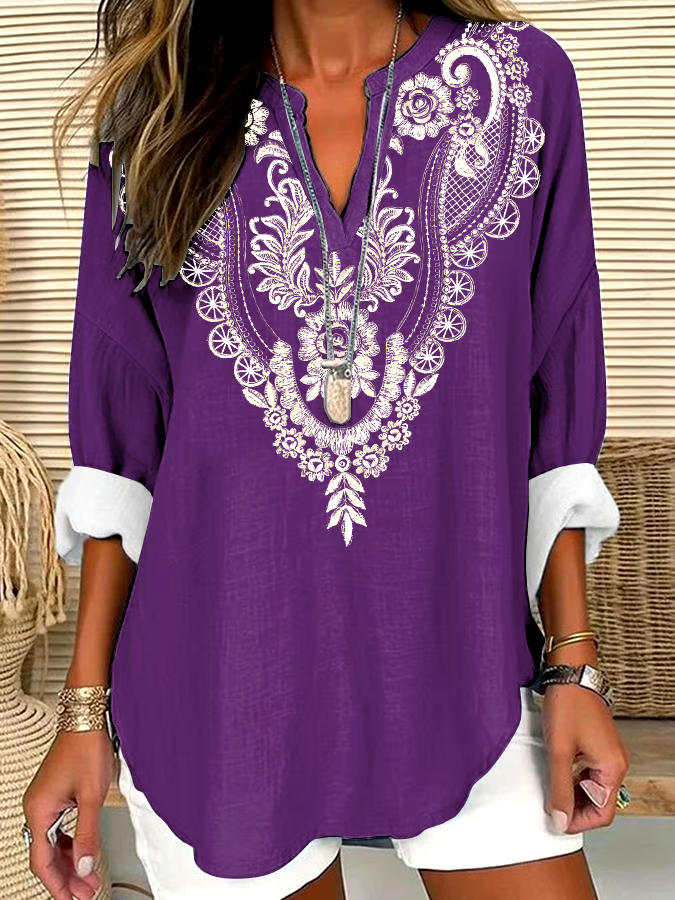 ?Buy 3 get 12% off丨Women's Retro Purple Floral Print V-Neck Shirt