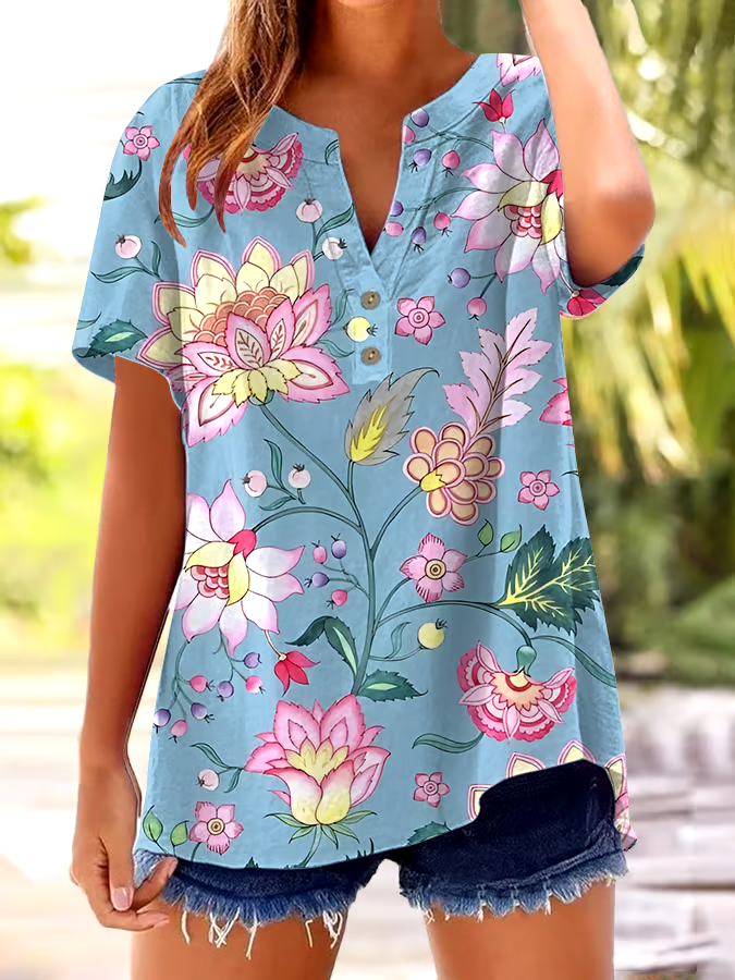 ?Buy 3 get 12% off丨Women's Vintage Floral Print Button Design V Neck Casual Shirt