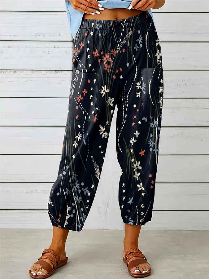 ?Buy 3 get 12% off丨Women's Floral Design Print Lace-Up Loose  With Elastic Waist Casual Pants