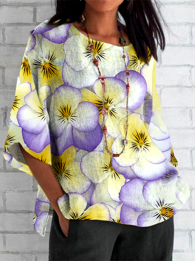 ?Buy 3 get 12% off丨Women's Cotton and Linen Alzheimer's Yellow and Purple Floral Print Shirt Top