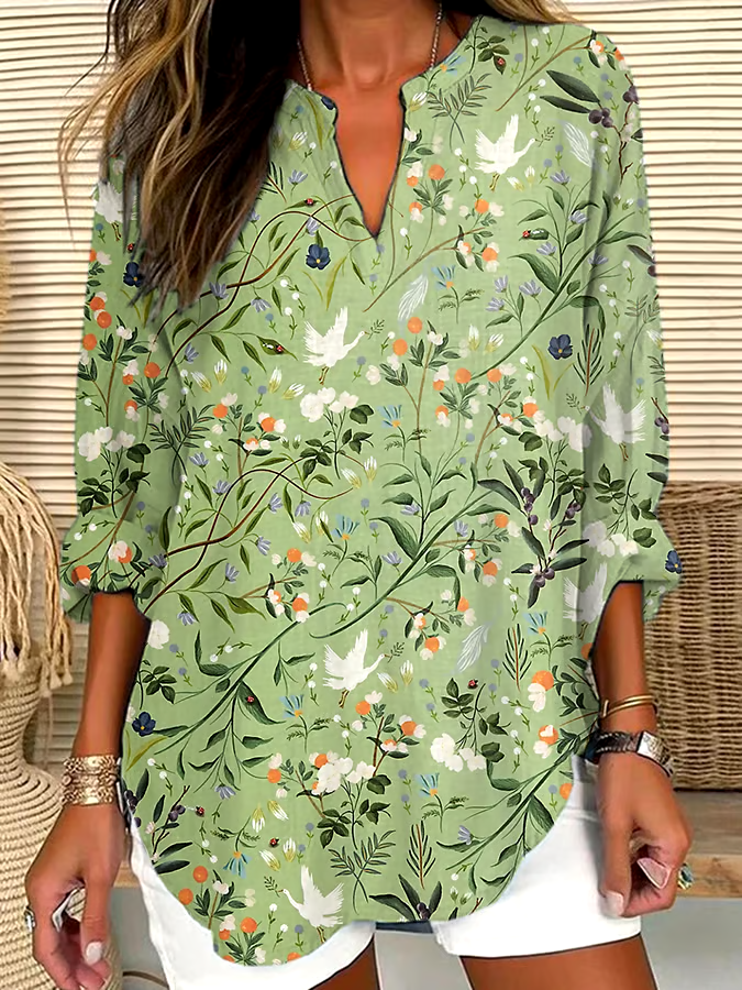 ?Buy 3 get 12% off丨Women's Forest Plant Floral Print Casual Long Sleeve V Neck Shirt